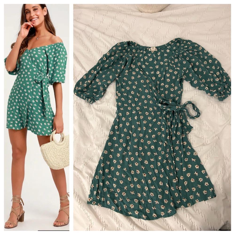 Billabong Green Floral Off-the-Shoulder Wrap Mini Dress from Lulu’s Size Small